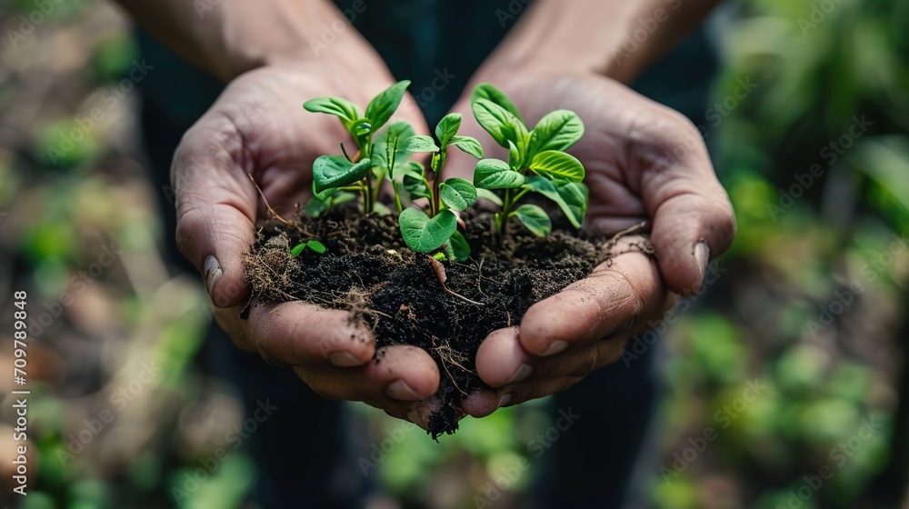Fototapeta premium A fragile potted plant is caressed by tender hands as it grows in the sunlight. 