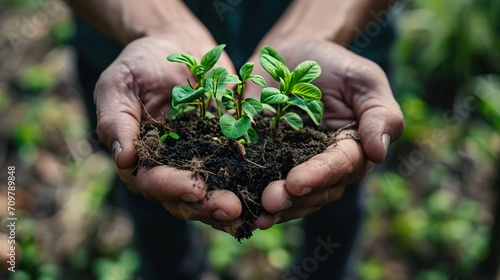 A fragile potted plant is caressed by tender hands as it grows in the sunlight. 