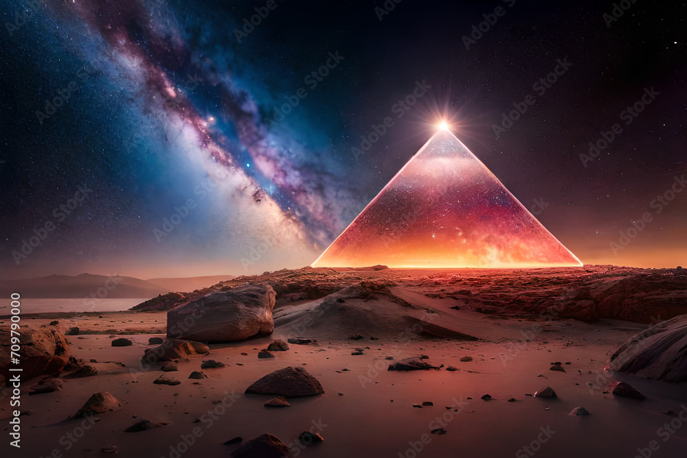 surreal outer space pyramid , glowing nebulas  , mystical planet in the universe