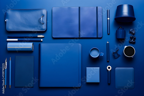 Blue monochrome desk with stationery, flat lay , generative AI