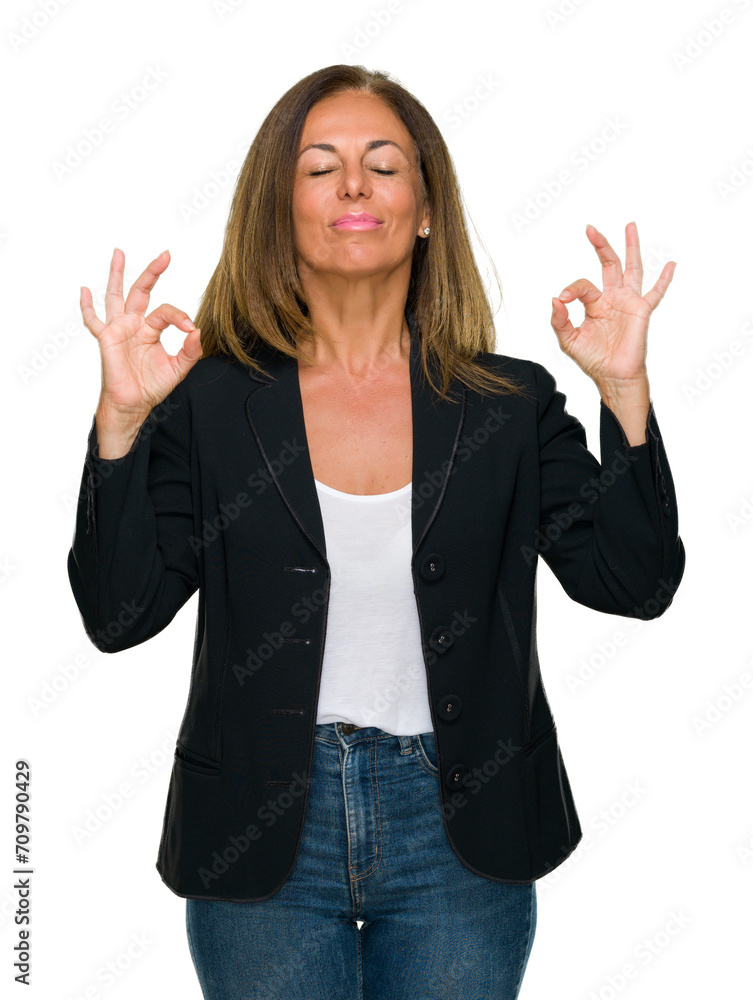 Beautiful middle age business adult woman over isolated background relax and smiling with eyes closed doing meditation gesture with fingers. Yoga concept. Beautiful middle age business adult woman over isolated background relax and smiling with eyes closed doing meditation gesture with fingers. Yoga concept.