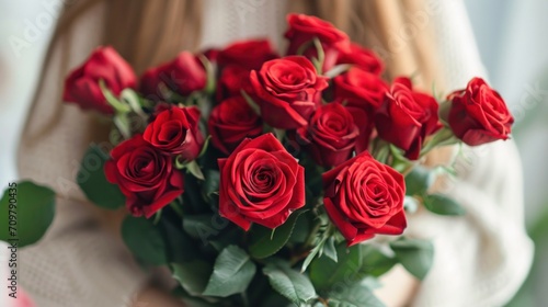 Woman holding luxury bouquet of fresh red roses on light background  closeup   