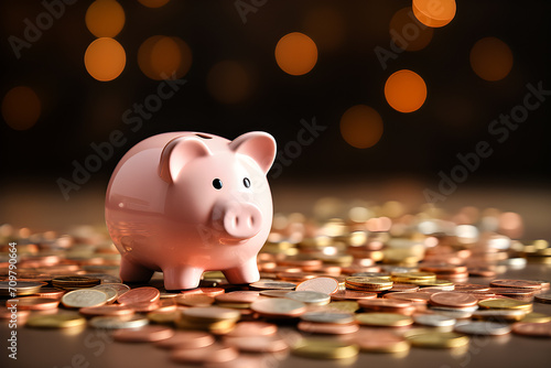 3d illustration of a pink piggy bank with gold coins around, generative ai