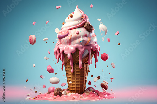 Melted colorful ice cream on pink background, generate ai