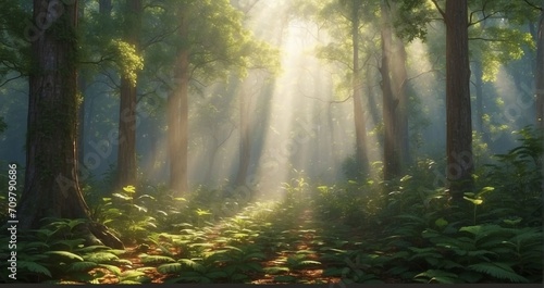 A scene of an enchanting forest canopy  with rays of sunlight filtering through the foliage  creating intricate patterns on the forest floor teeming with life - Generative AI
