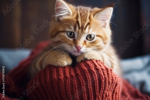Ginger Tabby Kitten Snuggled in Cozy Red Knit © spyrakot