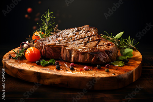 baked steak meat with oranges and herbs on a background of fire photo