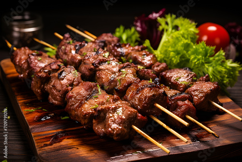 Raw beef or lamb kebab on skewers with vegetables on a wooden table