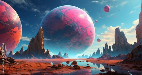 A scene of an exotic exoplanet, featuring bizarre land formations, unusual flora and fauna, and an otherworldly sky painted with vivid colors - Generative AI