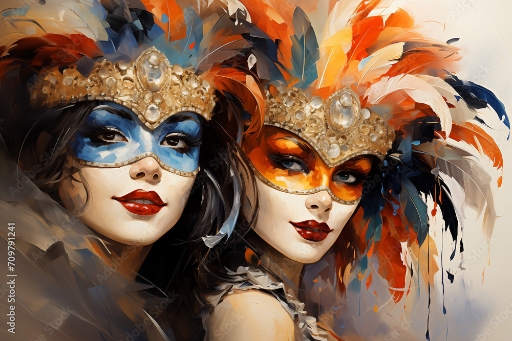 Masked Couple at the Carnival of Venice, Artistic Watercolor Depiction of Venetian Carnival Participants in Masks and Vibrant Disguises for Italian Masquerades