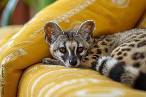 Domestic Chestnut-Spotted Genet on the sofa