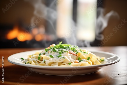 steaming fettuccine alfredo dish on a kitchen table