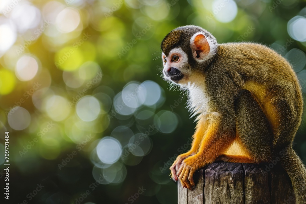 Fototapeta premium Domestic Squirrel Monkey sitting on the wooden hedge