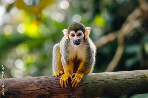 Domestic Squirrel Monkey sitting on the wooden hedge