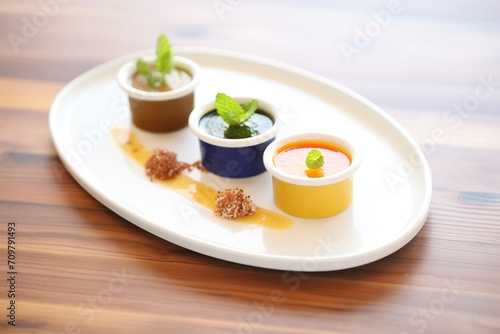 flan trio with vanilla, chocolate, and coffee flavors