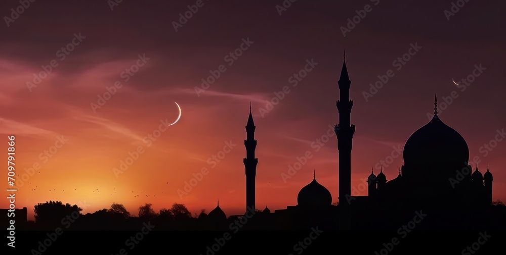 Beautiful large Islamic mosque at the sunset sky background