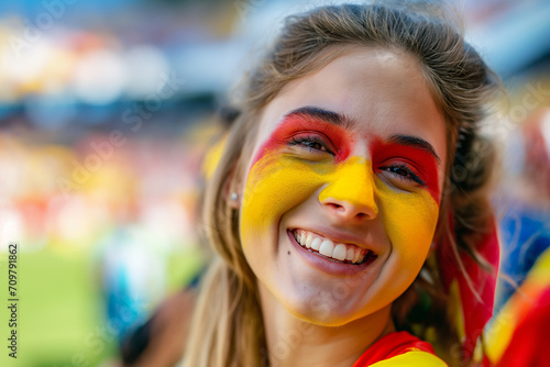 Excited Young Spanish Woman Fan Cheering at European Soccer Tournament 2024, Close-Up Portrait with Spanish Flag Face Paint in Full Stadium – Summer Sports Enthusiasm and National Pride