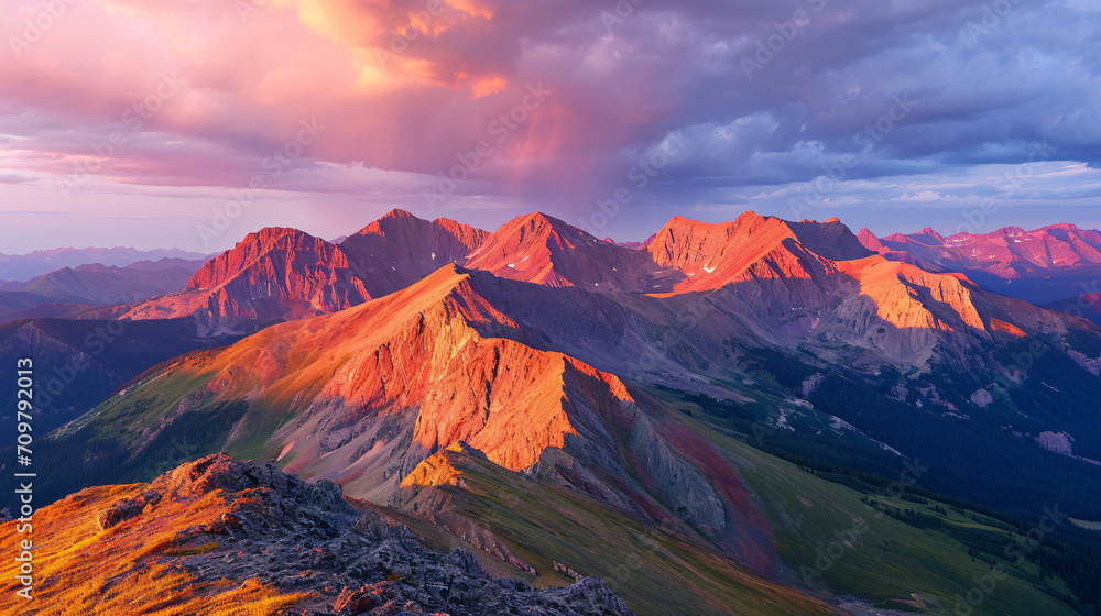 Majestic mountain landscape during sunset with vibrant alpenglow on the peaks.