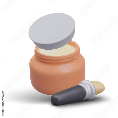 Open jar of cream, wide brush for applying cosmetics to face. Tonal cream, base, foundation. Realistic vector objects. Concept for website, app, blog about care and makeup