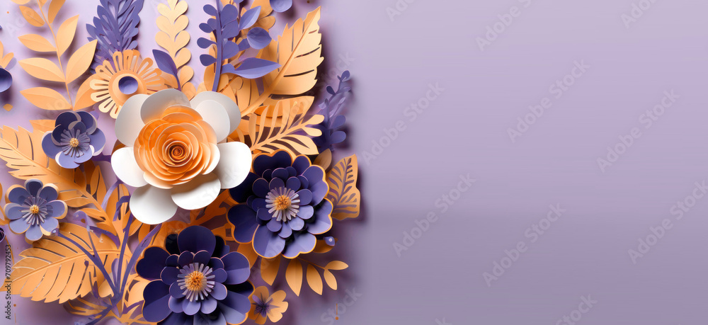 Modern Paper cut floral composition. Flower paper craft style. Mother's day. Happy Women's day. Botanical 8 March. Invitation banner.