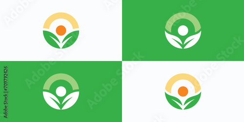 Collection of vector logo designs of people shapes with green leaves and sun