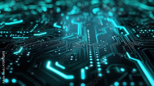 Glowing blue neon circuit board chip tech background. Generative AI
