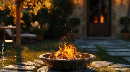 Cozy backyard with a fire bowl. Generative AI