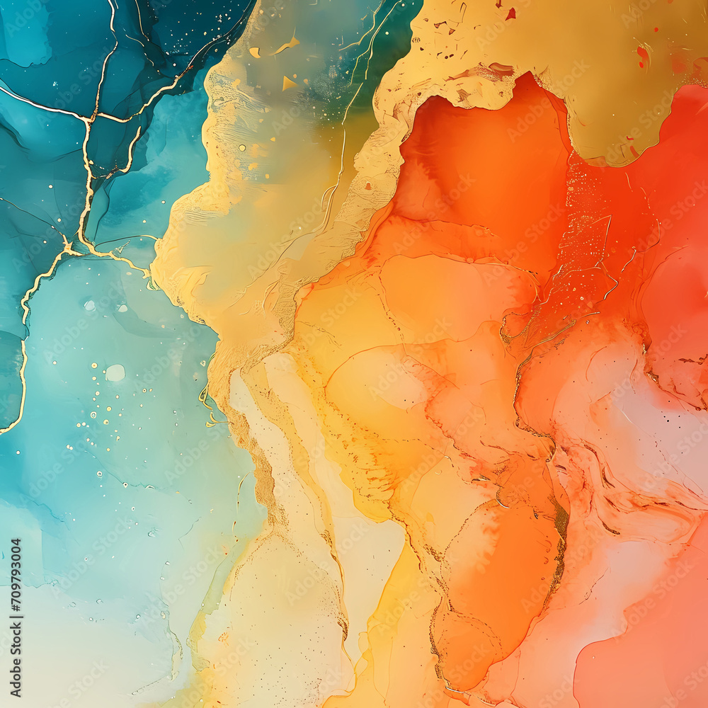 Fototapeta premium Luxurious Elegance: Abstract Marble Texture with Gold, Turquoise, and Orange Splashes