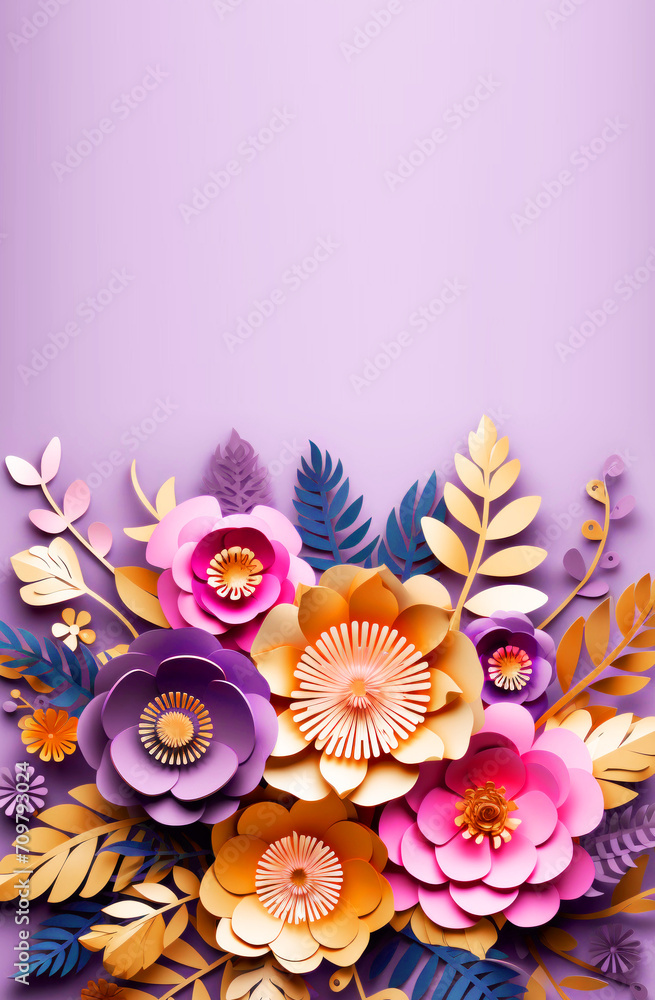 Paper cut floral composition. Flower paper craft style. Mother's day. Happy Women's day. 8 March. Invitation.