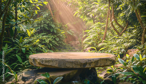 Flat stone podium in the tropical forest, empty round stand background