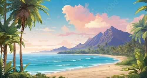 A scene of a tropical beach lined with swaying palm trees  overlooking the sea  and framed by distant mountain peaks - Generative AI