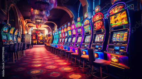Rows of colorful slot machines casino