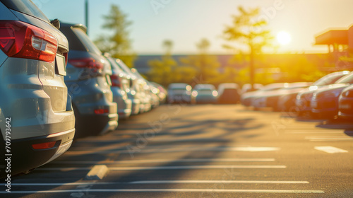 混雑した自動車ディーラーの駐車場に沈む夕日の輝き、自動車ビジネスのイメージ。
