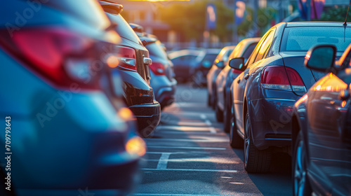 混雑した自動車ディーラーの駐車場に沈む夕日の輝き、自動車ビジネスのイメージ。 © Imaging L