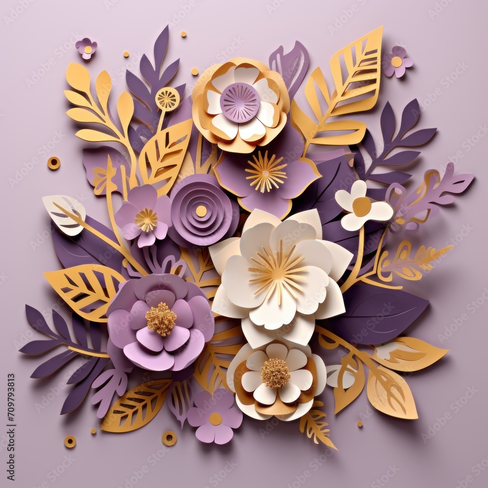 Paper cut floral bouquet, Flower paper craft style. Mother's day. Happy Women's day. Botanical 8 March. Invitation banner. Postcard