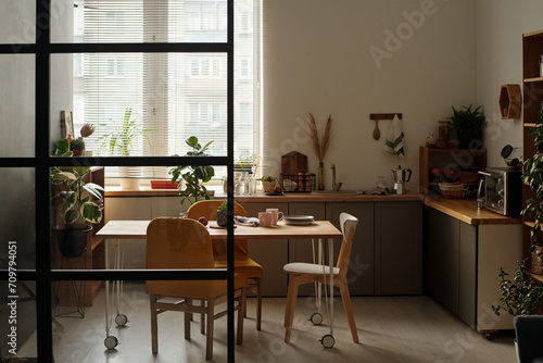 Part of spacious kitchen with counter, group of chairs, wooden table with kitchenware and green domestic plants growing in flowerpots