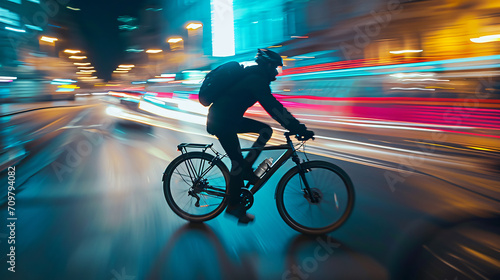 Nighttime urban cycling with bright city lights and blurred motion. © Finsch