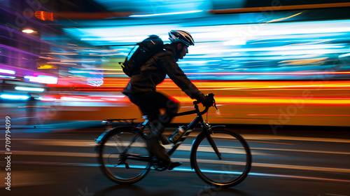 Nighttime urban cycling with bright city lights and blurred motion.