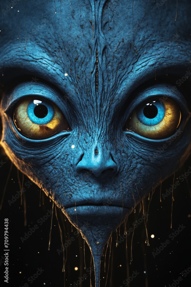 Closeup portrait of an alien with big blue eyes on a blue background with bokeh lights Closeup portrait of an alien with big blue eyes on a blue background with bokeh lights