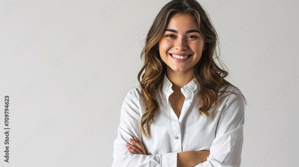 Smiling businesswoman with a white shirt against a white background Smiling businesswoman with a white shirt against a white background