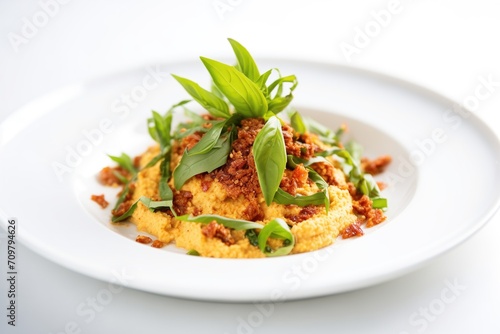 sun-dried tomato hummus with basil leaves on a white dish