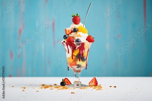 strawberry sundae with fresh berries and syrup drizzle