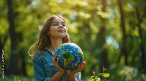 A young girl environmentalist holding the planet earth, save world concept