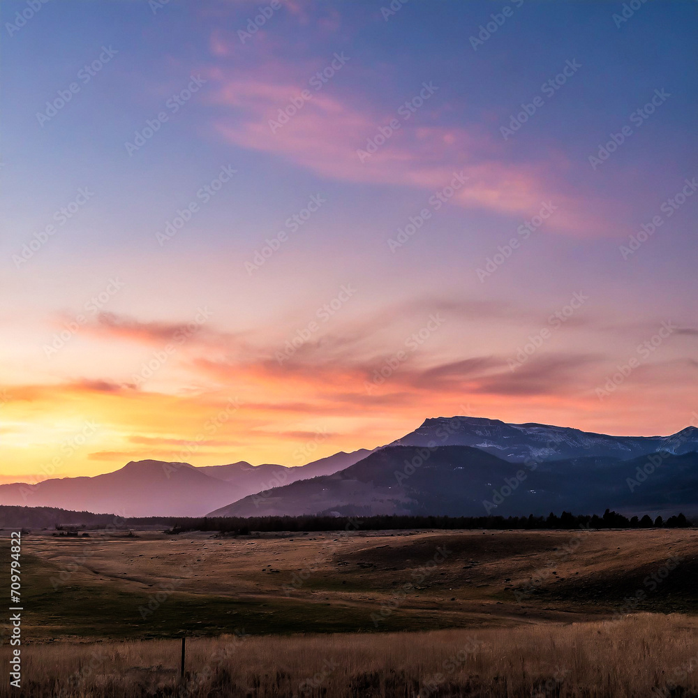 peaceful sunset landscape view with fields and mountains created with using Generative Ai Technology