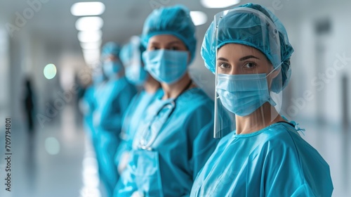 Essential and medical workers wearing uniform in hospital