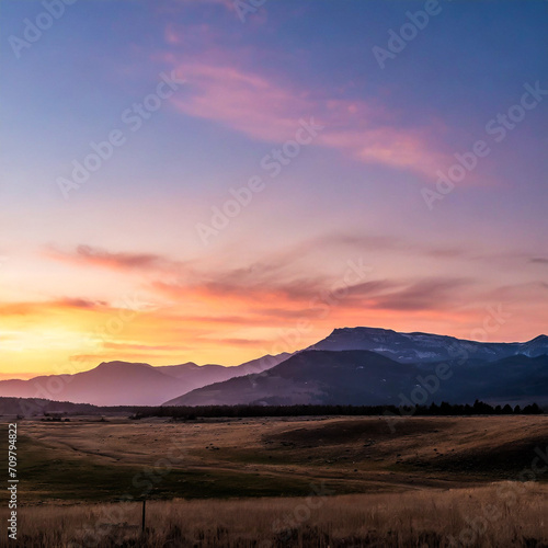 peaceful sunset landscape view with fields and mountains created with using Generative Ai Technology