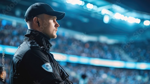 a Security man security background. Security focus in football stadium photo