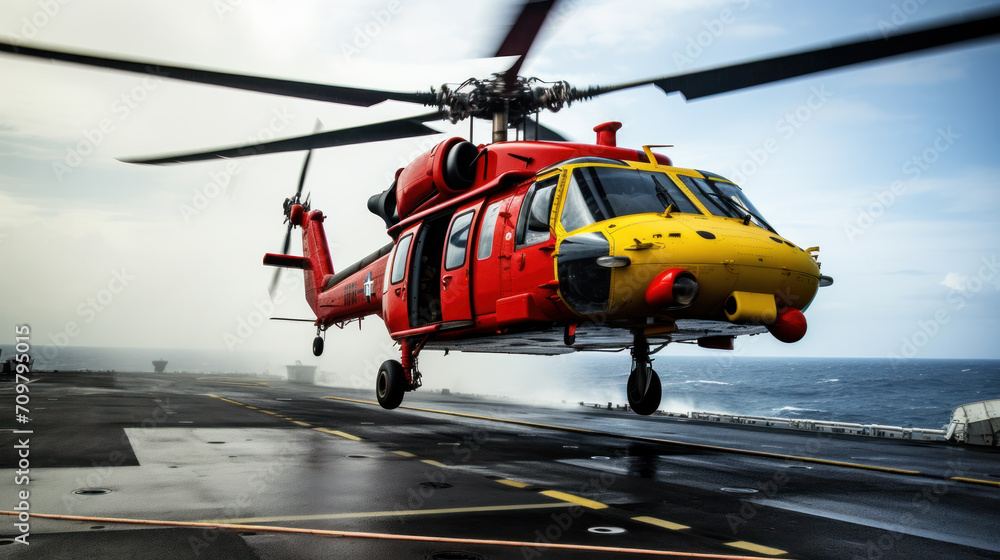 lifeguard descend from helicopter on ship at blue sea lifeguard descend from helicopter on ship at blue sea
