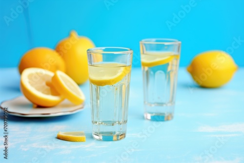limoncello shot glasses on a blue background with lemon zest