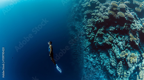 Freediver descending into the depths near a coral wall teeming with life. © Finsch